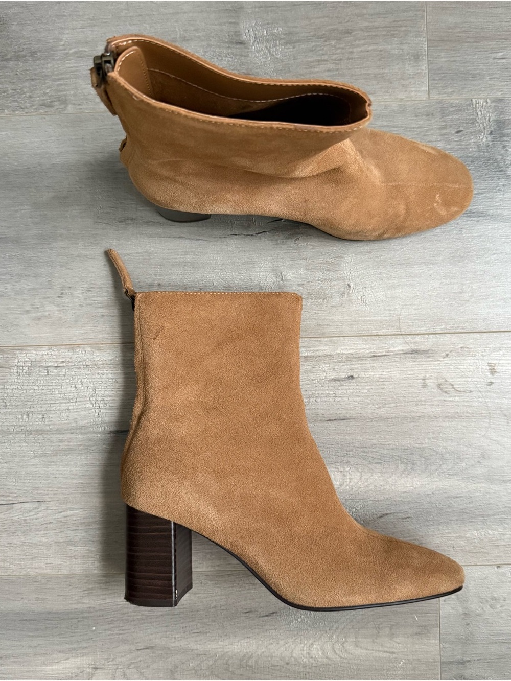 Mango Tan Suede Stacked Heel Ankle Booties